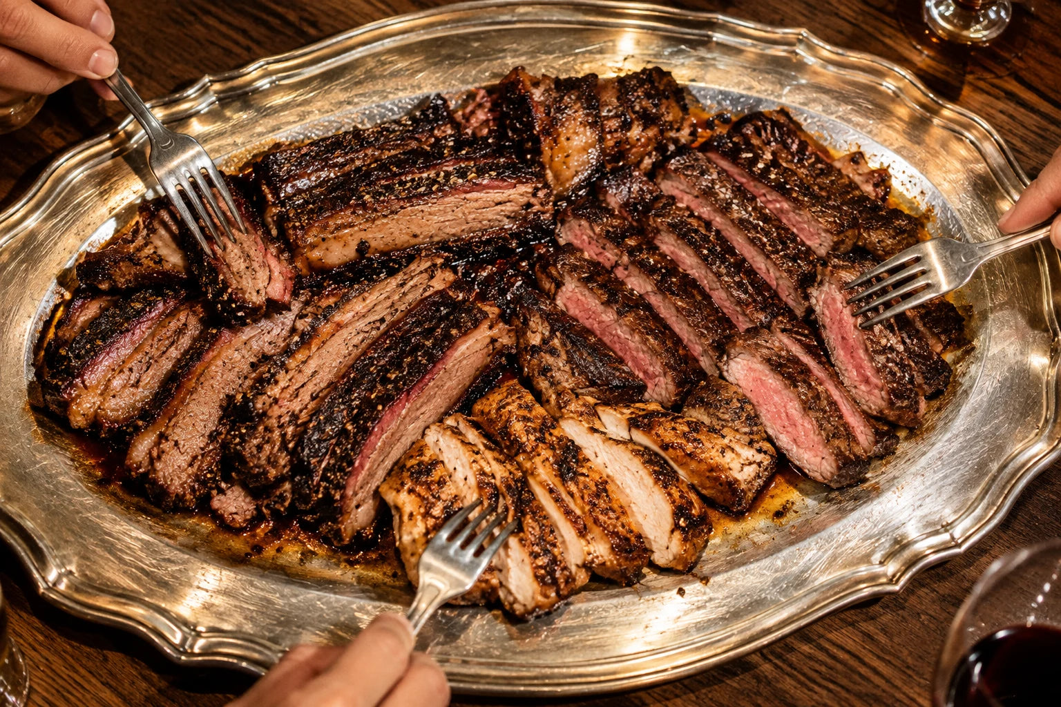Illustrative CARL’S sharing platter with brisket, steak and chicken